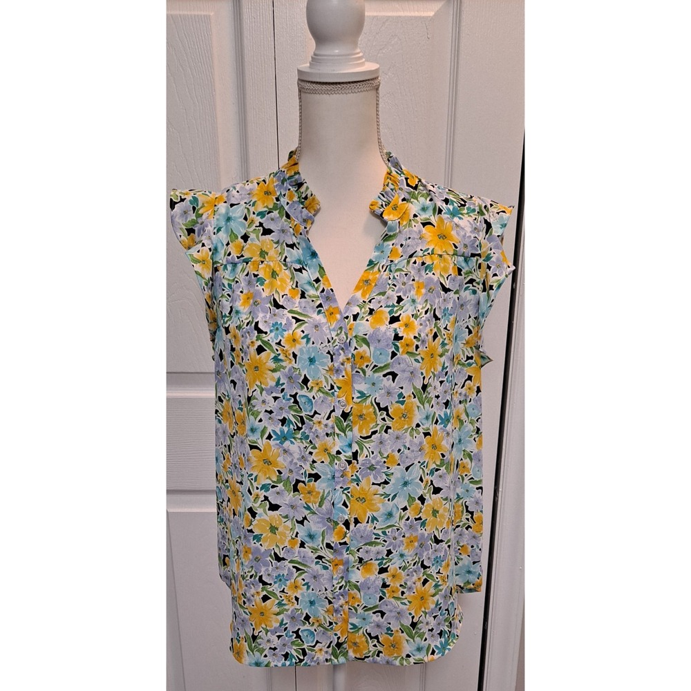 Pleione Anthropologie top L Vneck Flutter Sleeve Yellow Blue Floral Button Down